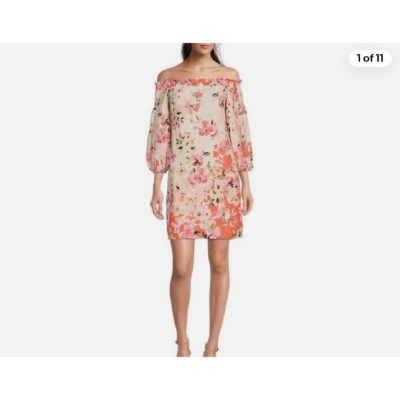 Vince Camuto Dresses & Skirts - Vince Camuto Size 12 Linen 3/4 Sleeve Off Shoulder Shift Floral Mini Dress